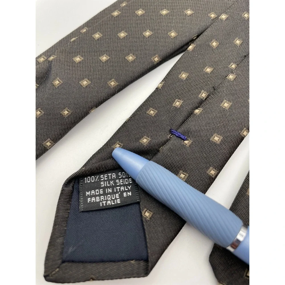 Canali Mens Silk Necktie Charcoal Grey Geometric Square Pattern Made in Italy